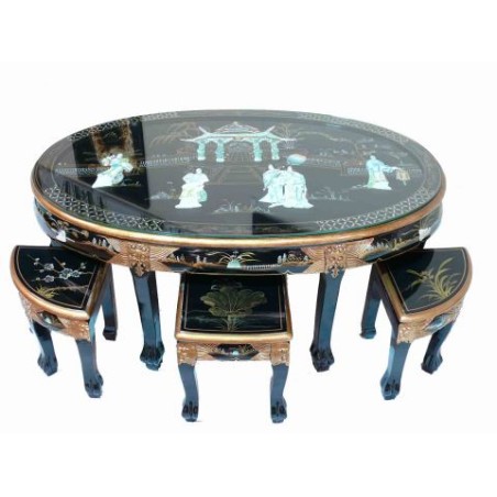 Table chinoise de salon et 6 tabourets