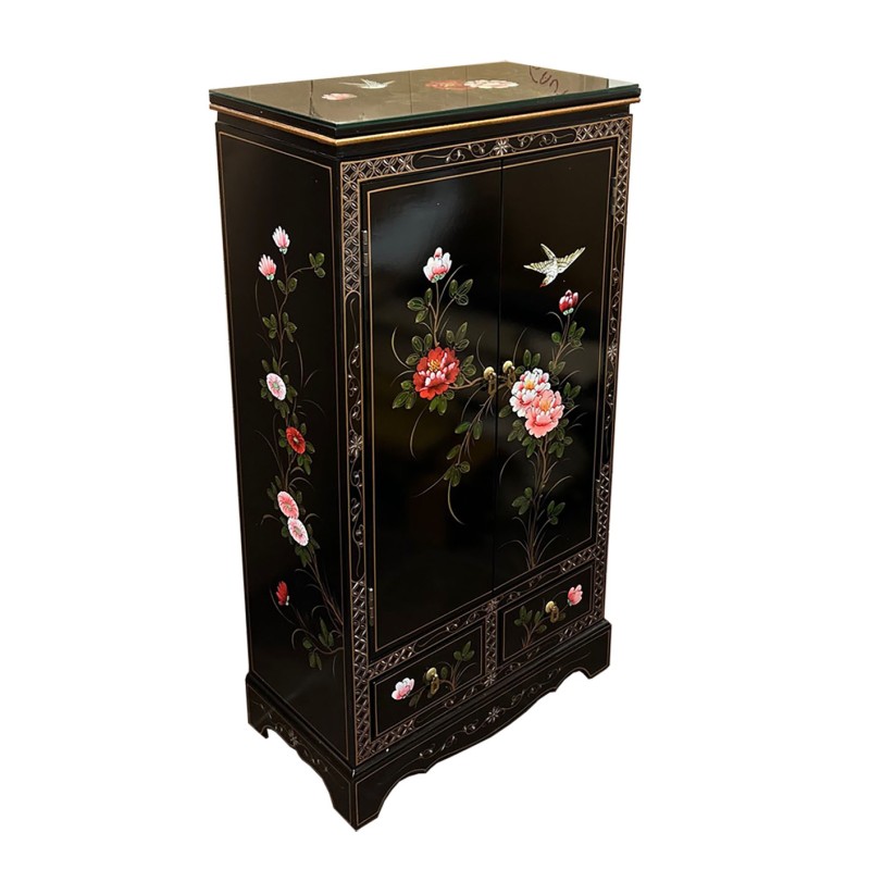 Armoire chinoise laque noire fleurs et oiseaux 