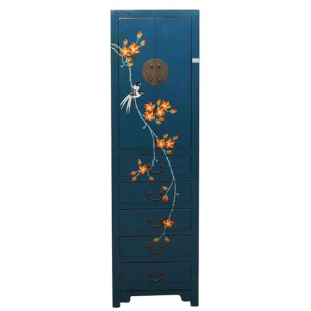 Armoire chinoise bleue fleurs et oiseaux