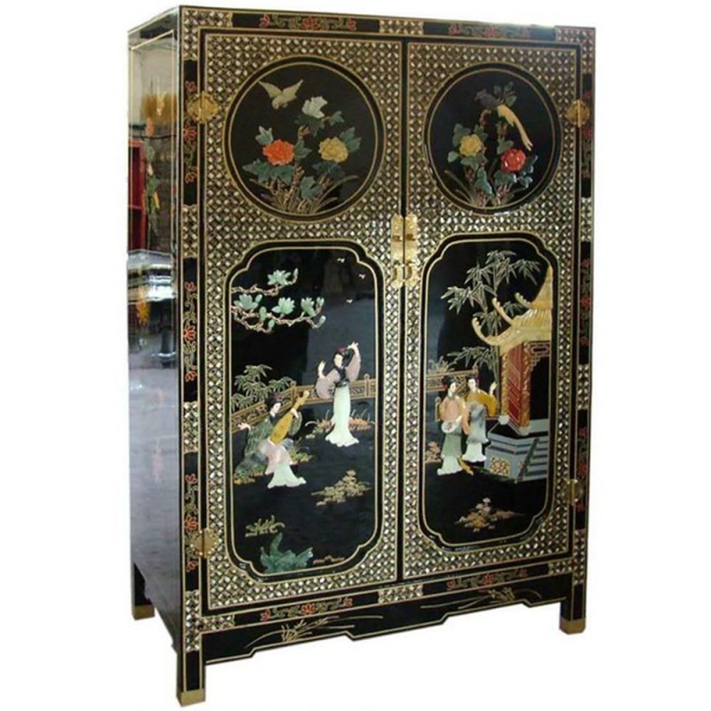 Armoire chinoise laquée 2 portes avec incrustations H120cm LA BAIE D