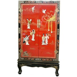 Armoire chinoise laquée rouge avec incrustations 2 portes H122cm