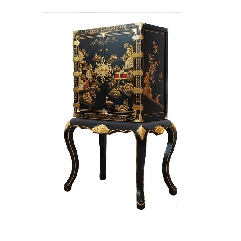 Armoire chinoise laque noire motifs paysages Armoire chinoise laque noire motifs paysages