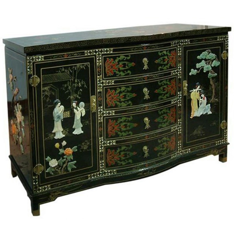 Buffet chinois laqué 2 portes 4 tiroirs avec incrustations Buffet chinois laqué 2 portes 4 tiroirs avec incrustations
