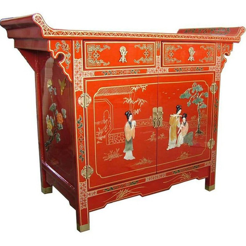 Buffet chinois temple laqué rouge 2 portes 2 tiroirs avec incrustations L97cm Buffet chinois temple laqué rouge 2 portes 2 tiroirs avec incrustations L97cm