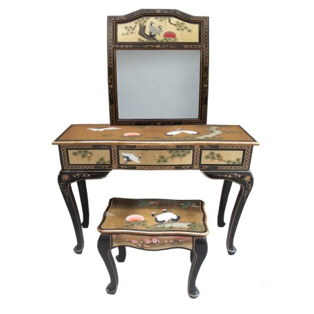 Coiffeuse chinoise laquée 3 tiroirs, 1 tabouret et 1 miroir