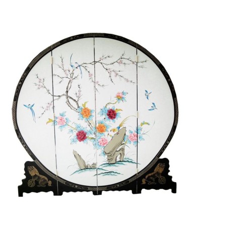 Paravent chinois rond laque blanche fleurs et oiseaux