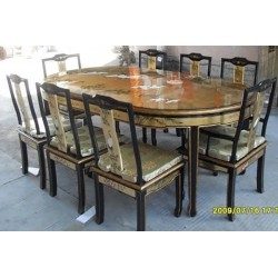 Table chinoise de salle à manger dorée à la feuille et 6 chaises