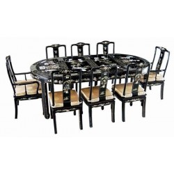 Table salle à manger chinoise laquée avec 6 chaises et 2 fauteuils - meuble chinois laqué