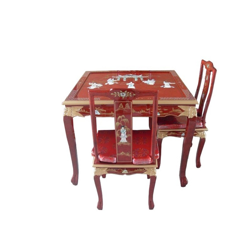 Table chinoise et 2 chaises laque rouge