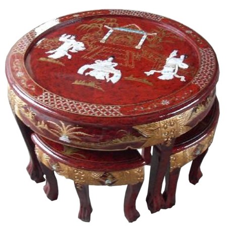 Table chinoise de salon chinoise ronde et 4 tabourets laque rouge sang de boeuf