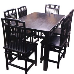 Table chinoise noire en orme et 6 chaises orme