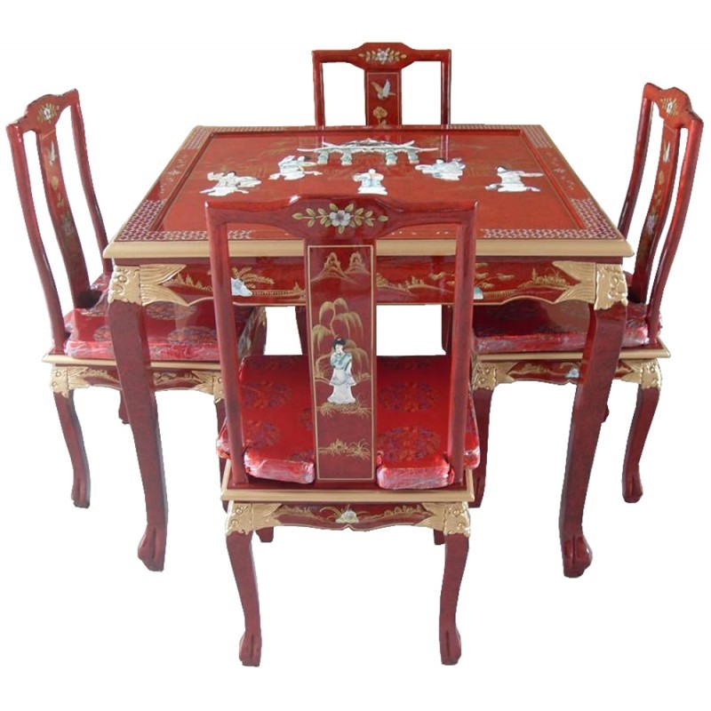 Table chinoise laque rouge incrustée et 4 chaises