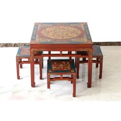 Table tibétaine 90x90cm et 4 tabourets
