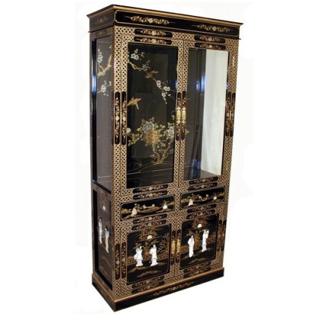 Vitrine chinoise laque noire nacres incrustées