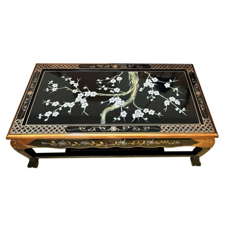 Table chinoise de salon laque noire fleurs de cerisier