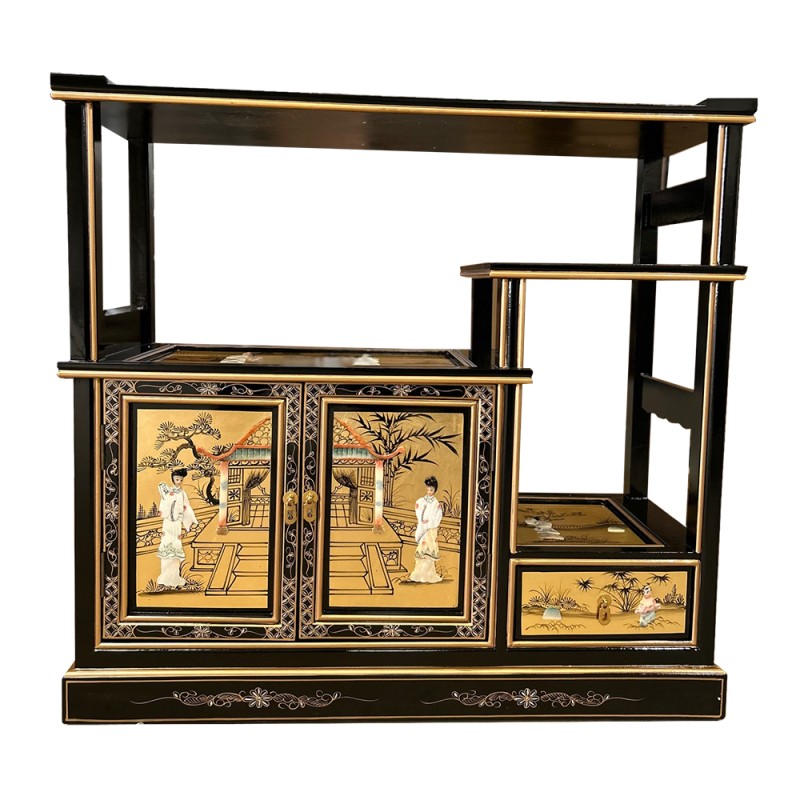 Etagère chinoise laque dorée à la feuille déco personnages en nacre Etagère chinoise laque dorée à la feuille déco personnages en nacre