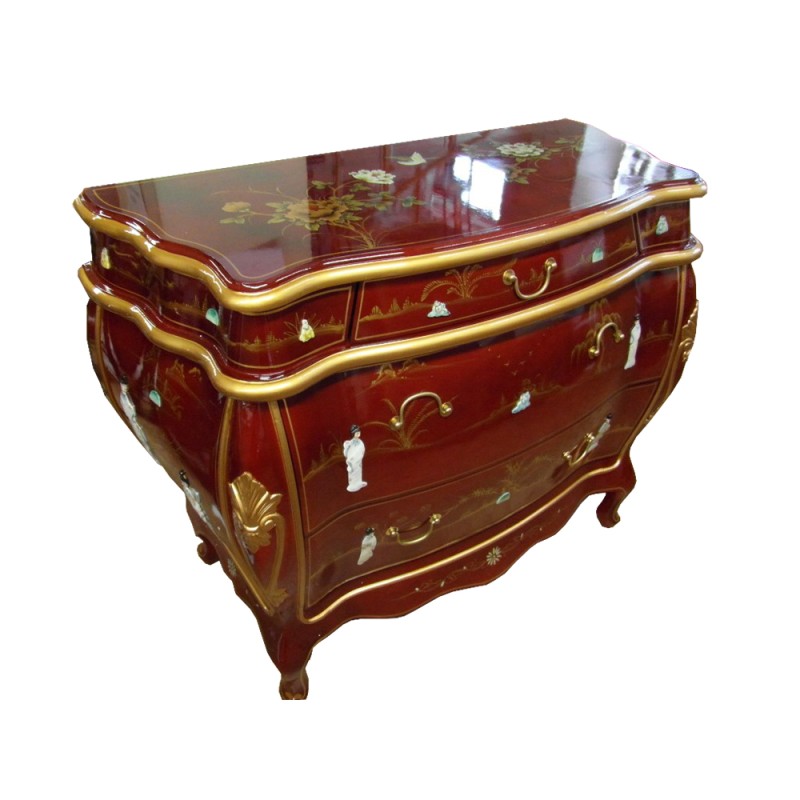 Commode chinoise laque rouge incrustée de nacre galbée 