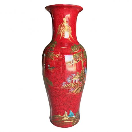 Grand vase chinois rouge peint à la main