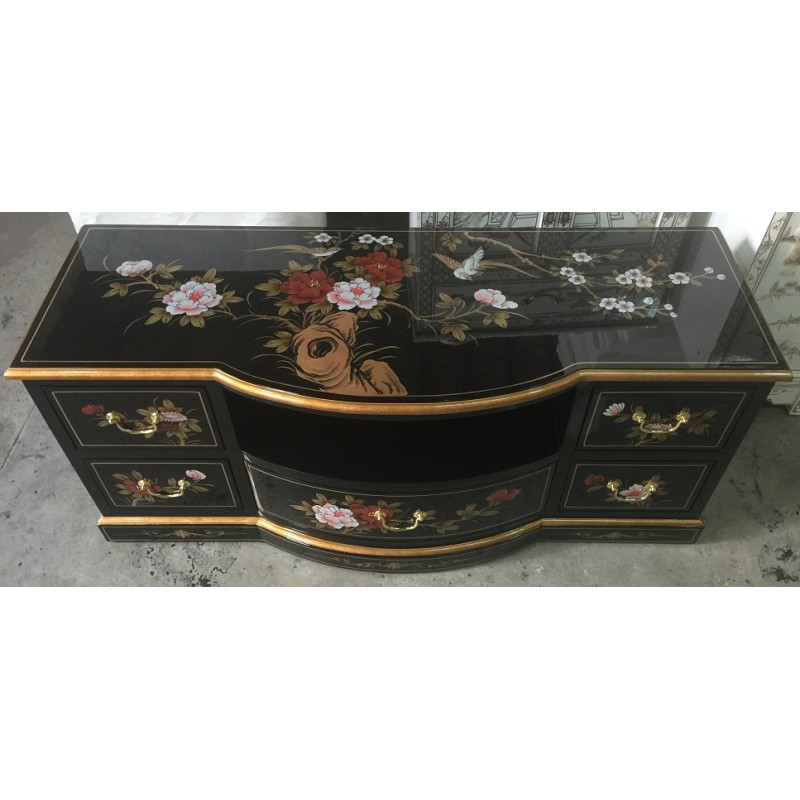 Meuble TV chinois laque noire fleurs et oiseaux Meuble TV chinois laque noire fleurs et oiseaux