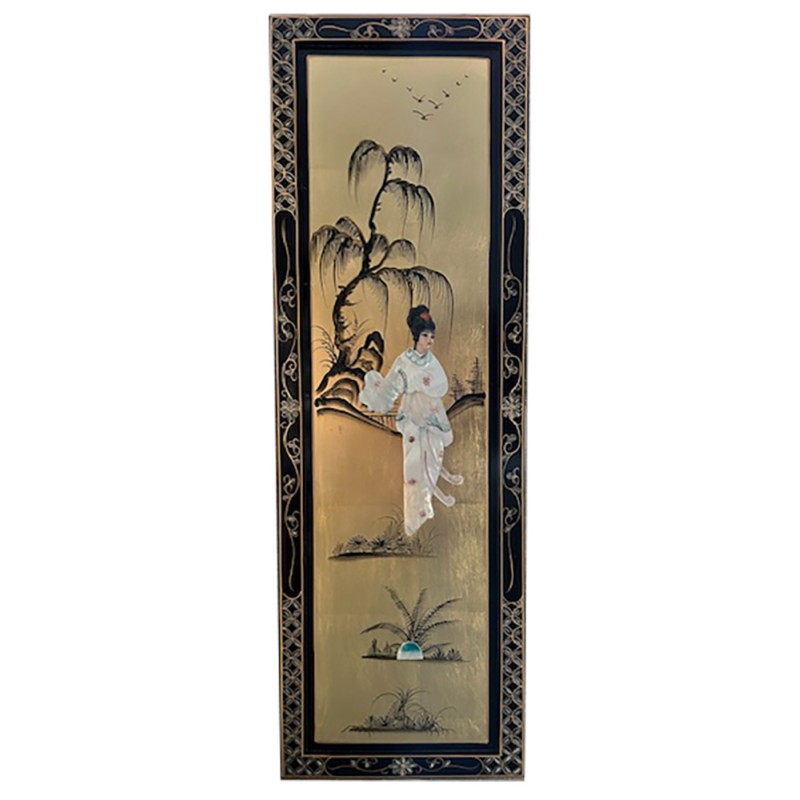Tableau laque dorée avec incrustation de nacre Tableau laque dorée avec incrustation de nacre