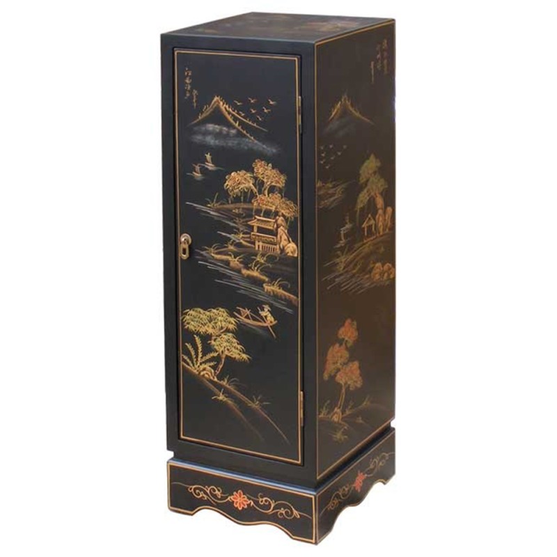 Colonne chinoise carrée laque noire motifs paysages Colonne chinoise carrée laque noire motifs paysages