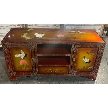 Meuble TV chinois laque mordorée oiseaux grue