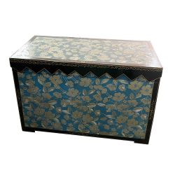 Coffre tibétain bleu aux motifs floraux - COMMANDE POSSIBLE SUR MESURE
