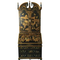 Secrétaire scriban chinois laque noire motifs paysages peints