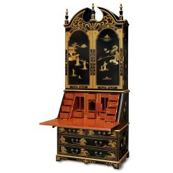 Secrétaire scriban chinois laque noire motifs personnages peints
