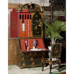 Secrétaire scriban chinois laque noire motifs personnages peints