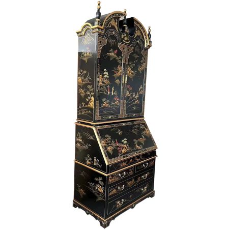 Secrétaire scriban chinois laque noire motifs personnages peints
