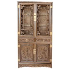 Vitrine bibliothèque chinoise en orme sculpté