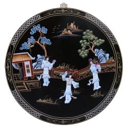 Tableau chinois laque noire incrusté de geishas en nacre
