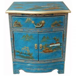 Chevet laqué bleu avec motifs paysages d'Asie