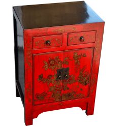 Meuble chinois rouge peint de fleurs et oiseaux