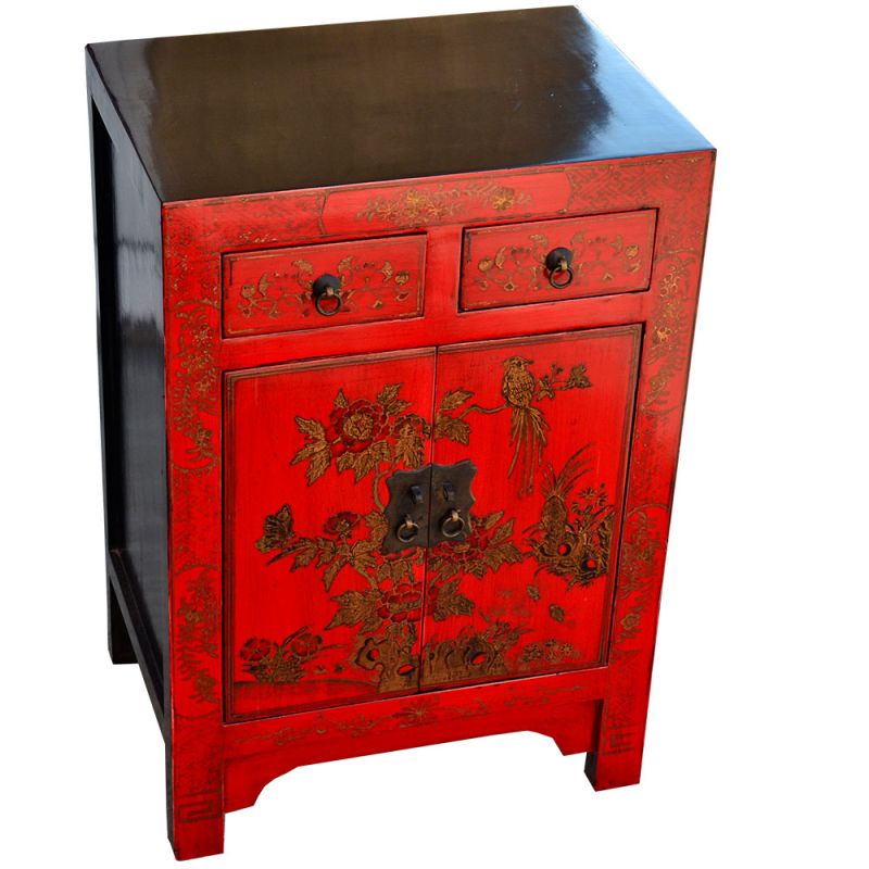 Meuble chinois rouge peint de fleurs et oiseaux Meuble chinois rouge peint de fleurs et oiseaux