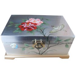 Boîte à bijoux chinoise laque argent motifs fleurs