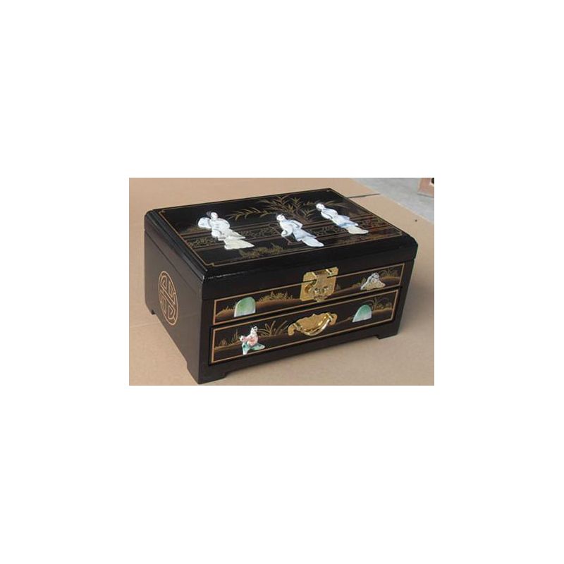 Boîte à bijoux chinoise laquée noire avec incrustations de personnages en nacre Boîte à bijoux chinoise laquée noire avec incrustations de personnages en nacre