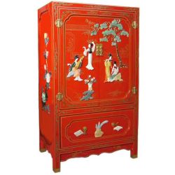 Armoire chinoise laque rouge incrustée de jade