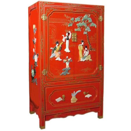 Armoire chinoise laque rouge incrustée de jade