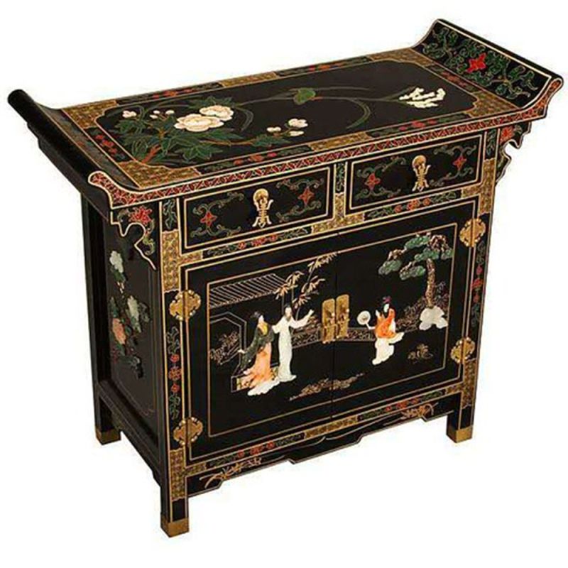 Buffet chinois temple laqué noir incrusté de jade et nacre Buffet chinois temple laqué noir incrusté de jade et nacre