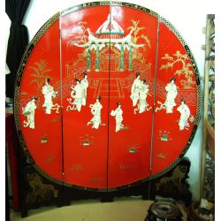 Paravent chinois rond laque rouge vif incrustée de nacre
