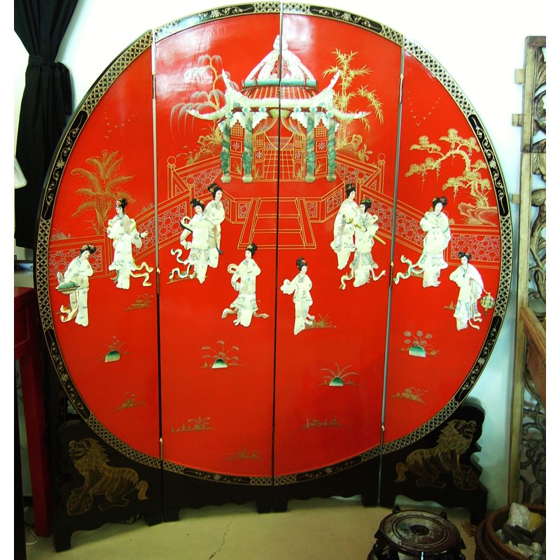 Paravent chinois rond laque rouge vif incrustée de nacre