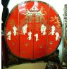 Paravent chinois rond laque rouge vif incrustée de nacre