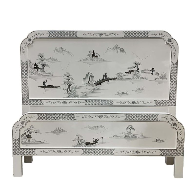 Lit chinois laqué 140x190 peinture camaieux de gris