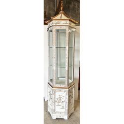 Vitrine octogonale chinoise laque blanche avec décorations de nacre