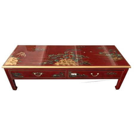 Table de salon chinoise rectangulaire rouge foncé motif paysages