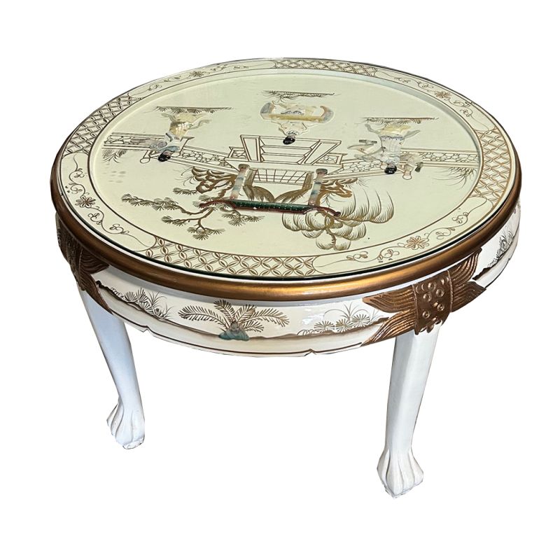 Table de salon chinoise en laque blanche décorée de geishas en nacre