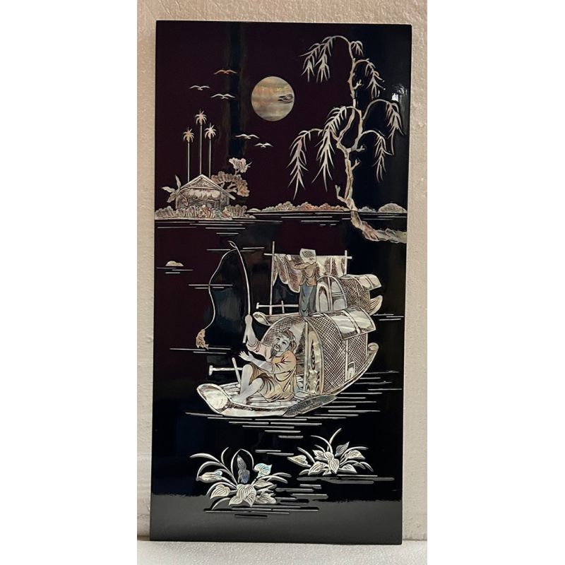Tableau laqué vietnamien noir incrusté de nacre