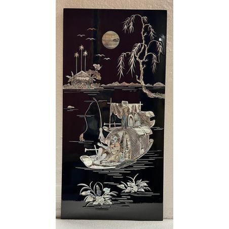 Tableau laqué vietnamien noir incrusté de nacre